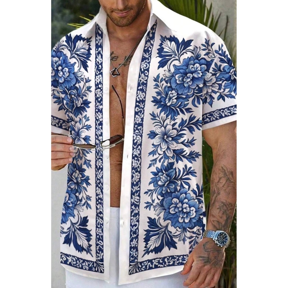 Button Down Shirt Men Fashion Floral Casual Shirt Vintage Style Short Sleeve 4X